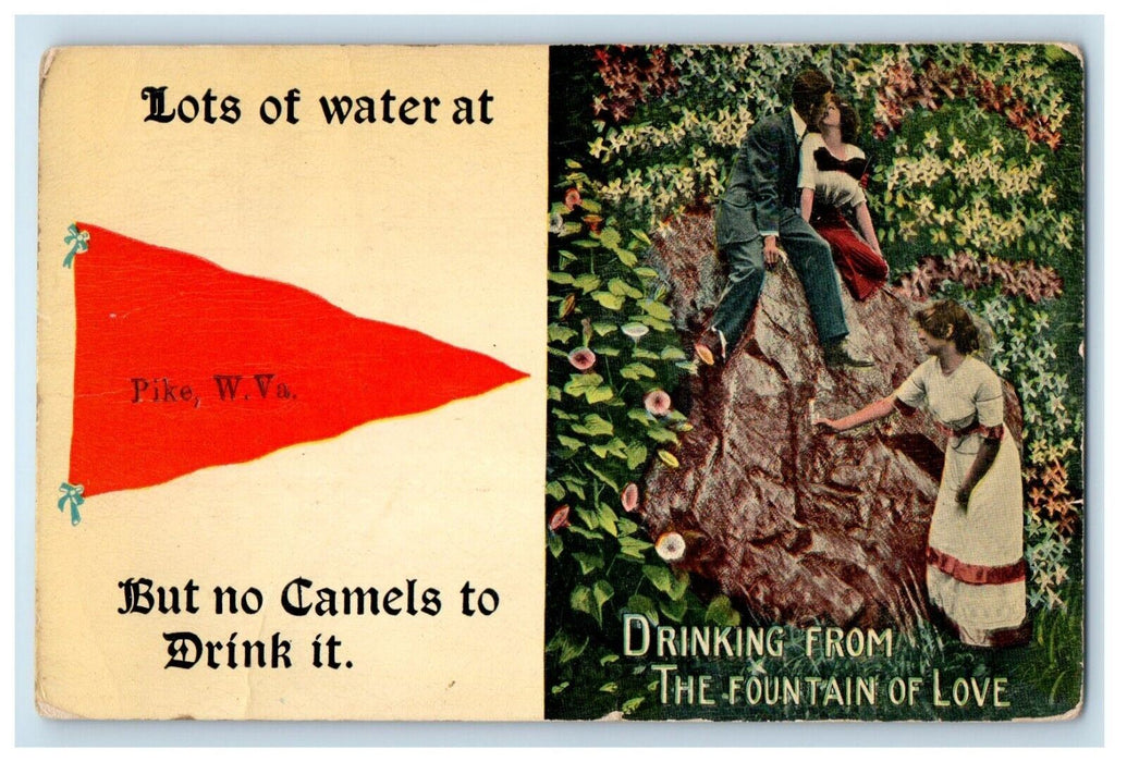 Couple Kissing Pike WV Pennant ,Drinking From The Fountain of Love Postcard