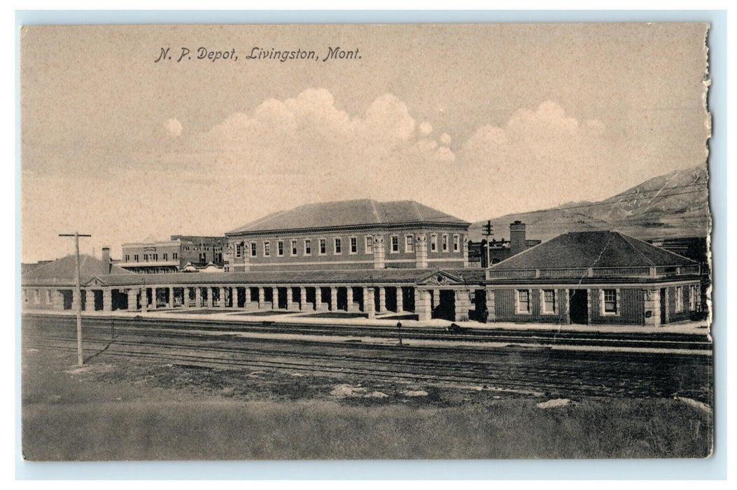 c1910 N.P. Depot Livingston Station Montana MT Unposted Antique Postcard