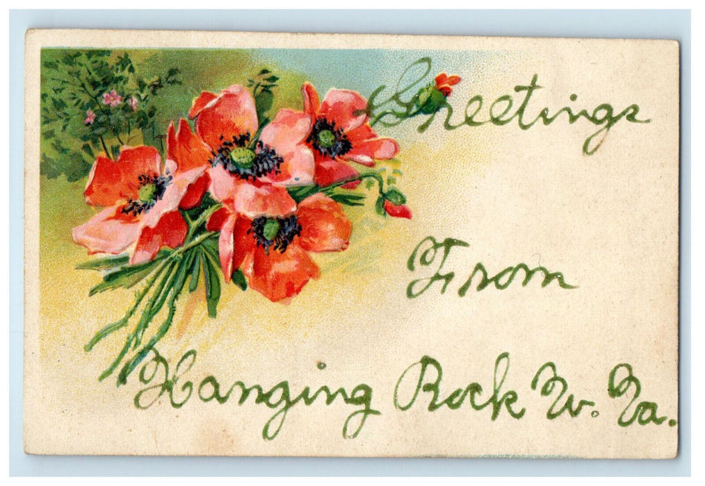 1908 Red Flowers, Greetings from Hanging Rock WV Embossed Postcard