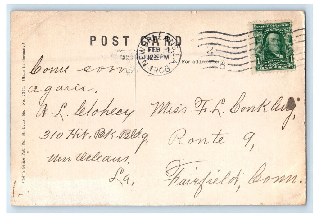 1908 Audubon Place, New Orleans Louisiana LA Posted Antique Postcard