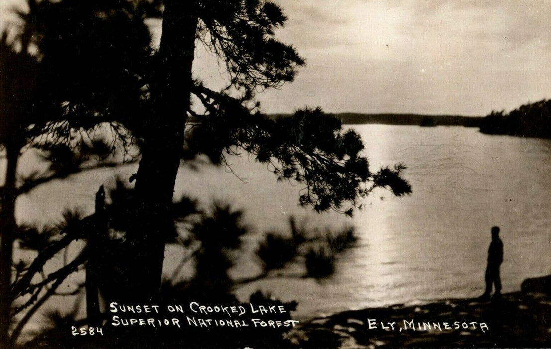 1928 Ely Minnesota MN Sunset on Crooked Lake Superior Forest RPPC Photo Postcard