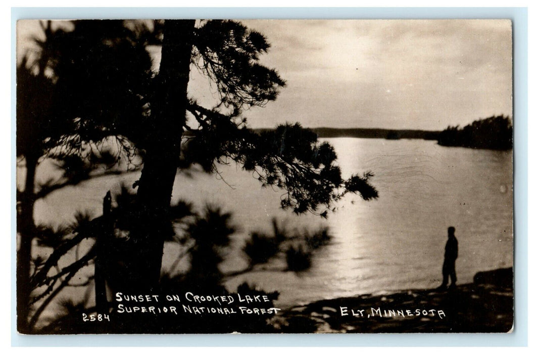 1928 Ely Minnesota MN Sunset on Crooked Lake Superior Forest RPPC Photo Postcard