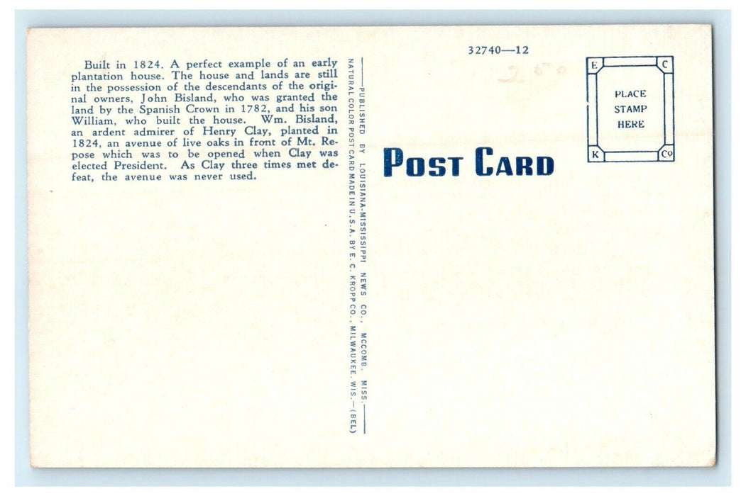 c1940's Mount Repose Plantation House Mansion Natchez Mississippi MS Postcard