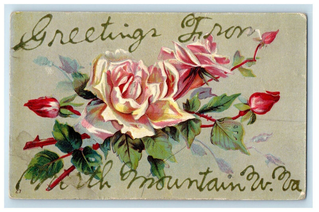 Greetings From North Mountain WV, Pink Rose Embossed Posted Antique Postcard