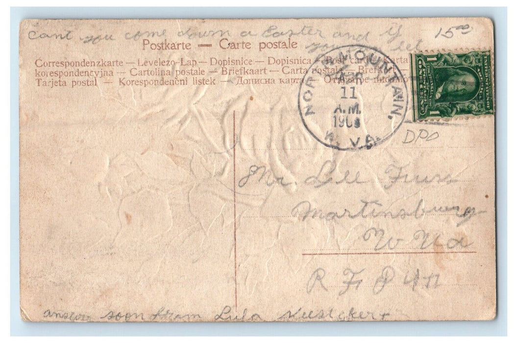 Greetings From North Mountain WV, Pink Rose Embossed Posted Antique Postcard