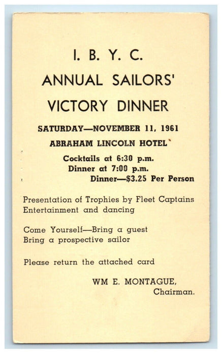 1961 IBYC Sailors Dinner Abraham Lincoln Hotel Advertising Springfield Postcard