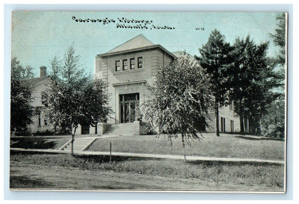 Atlantic Iowa IA, Carnegie Library Scene Street Unposted Antique Postcard