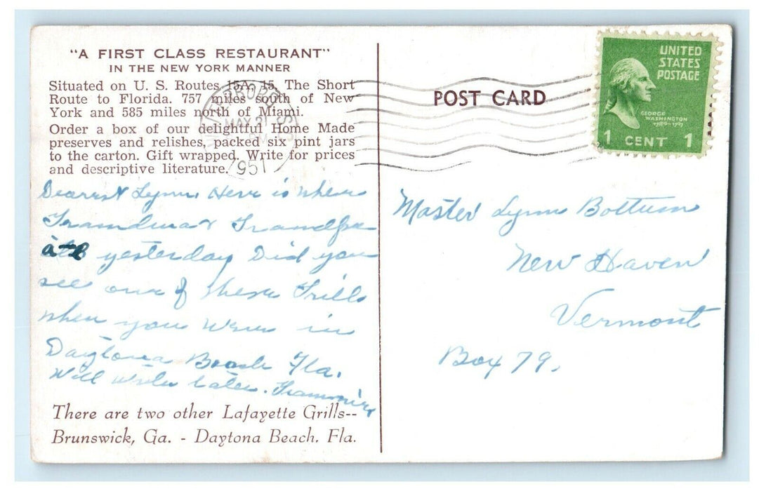 1951 La Fayette Grill Restaurant Walterboro South Carolina SC Vintage Postcard