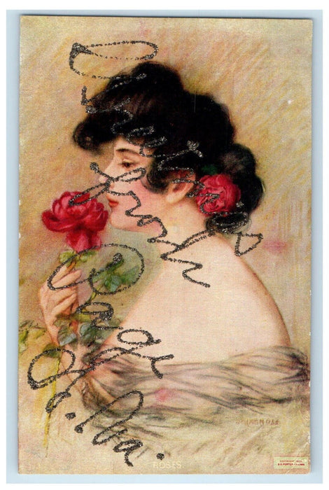 c1910's Greetings From Page West Virginia WV, Victorian Girl Red Roses Postcard