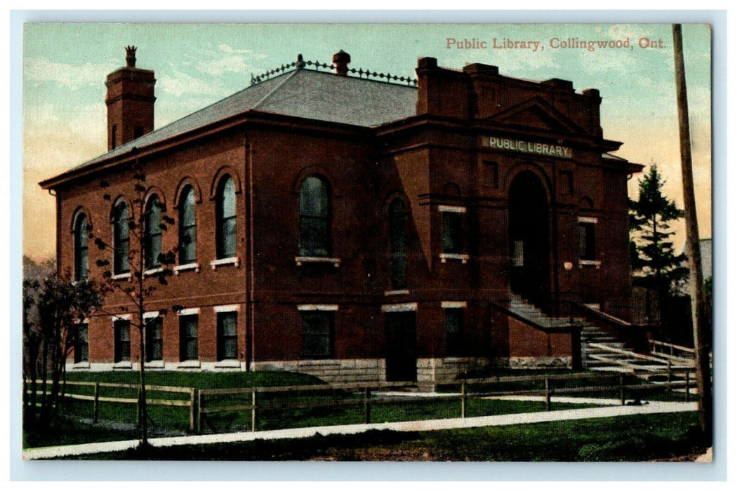 c1905 Public Library Building Collingwood Ontario Canada Antique Postcard