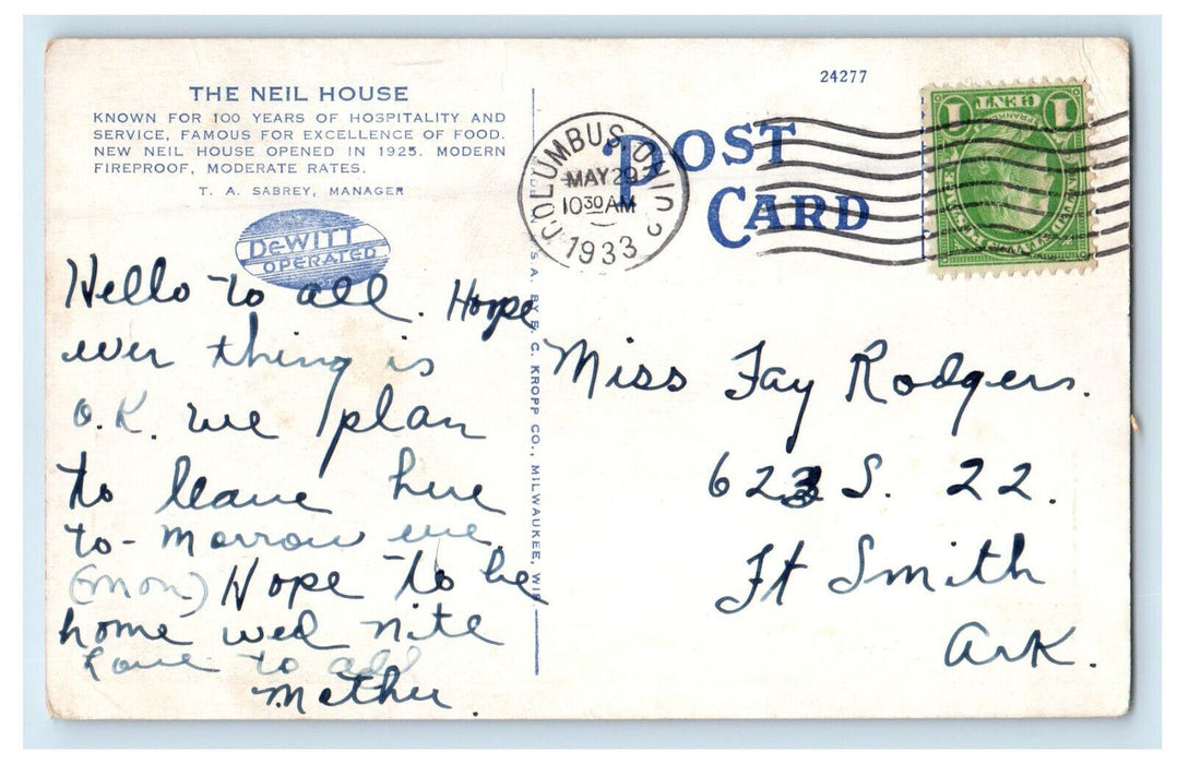 1933 New Neil House Building Columbus Ohio OH Vintage Posted Postcard