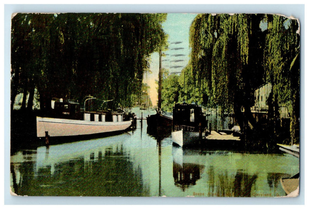 1911 Scene of Boats, Rivers, Trees, Cleveland Ohio OH Posted Antique Postcard