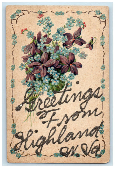 c1910 Greetings from Highland West Virginia WV Glitters Floral Embossed Postcard