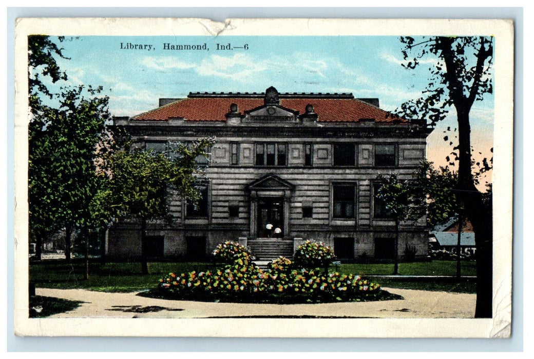 1928 Library Building and Center View, Hammond Indiana IN Posted Postcard