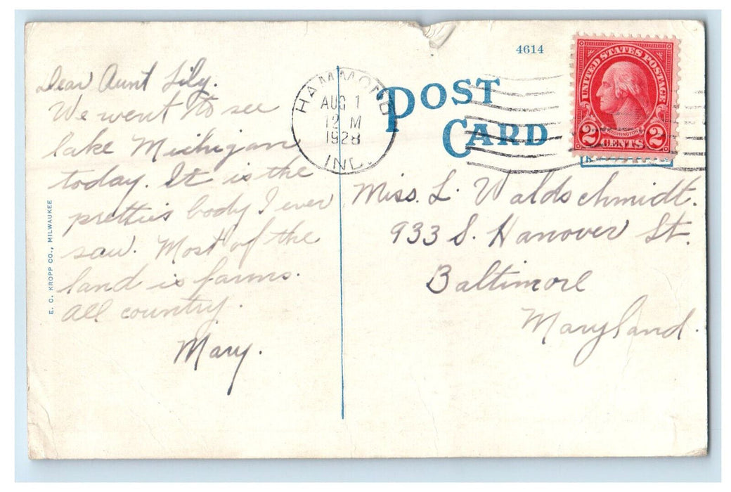 1928 Library Building and Center View, Hammond Indiana IN Posted Postcard