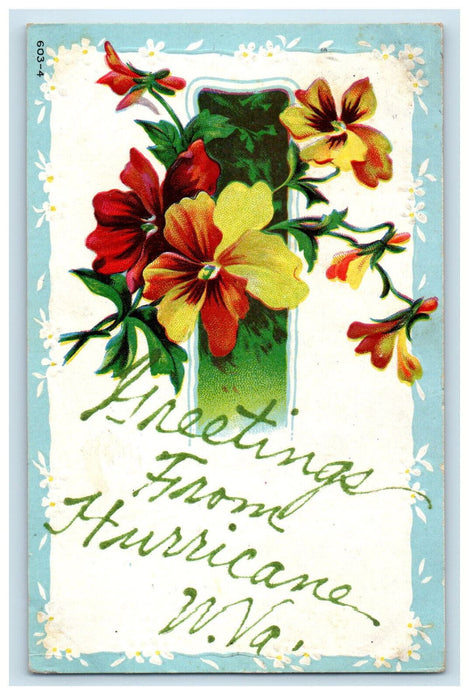 1909 Yellow and Red Flowers, Greetings from Hurricane WV Embossed Postcard