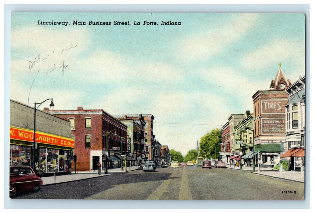 c1940s Lincolnway Main Business Street, La Porte Indiana IN Postcard