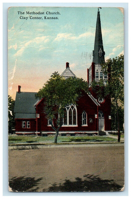 1923 The Methodist Church Street View Clay Center Kansas KS Antique Postcard