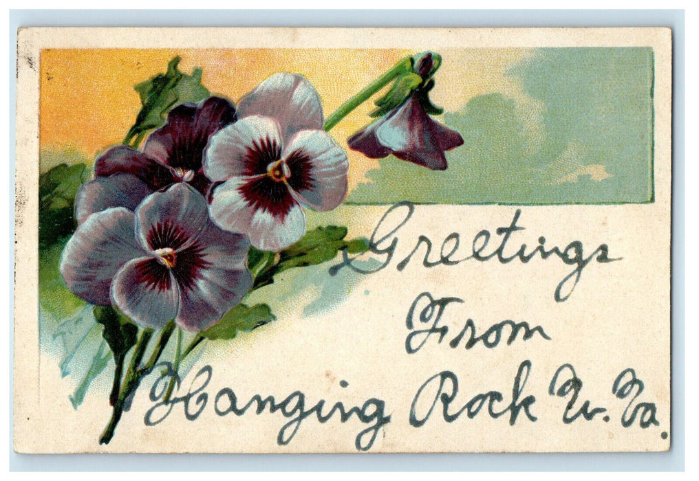 1908 Purple Rose Petals, Greetings from Hanging Rock WV Embossed Postcard