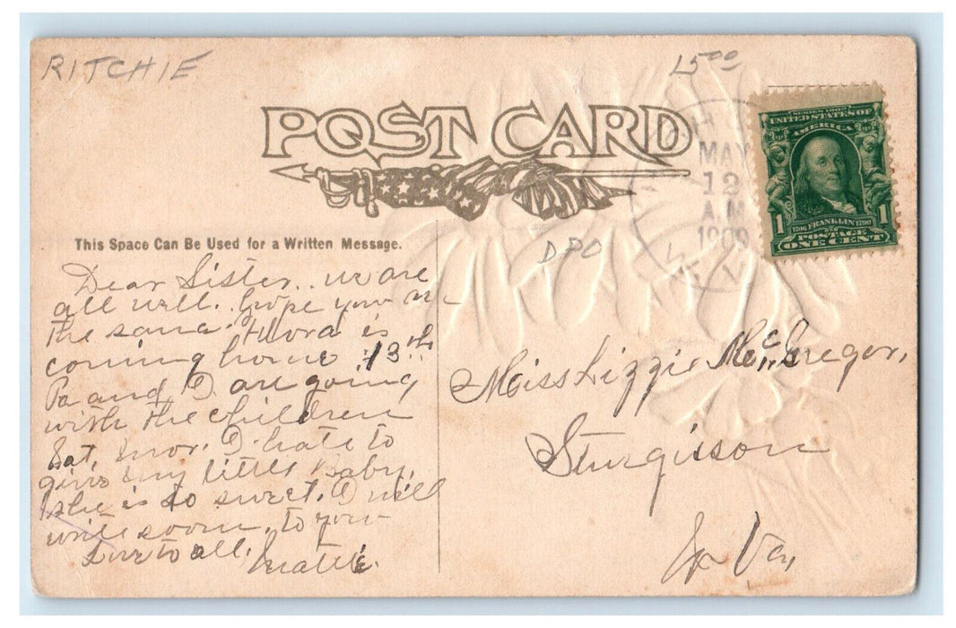 1909 Yellow and White Flower, Greetings from Highland WV Embossed Postcard