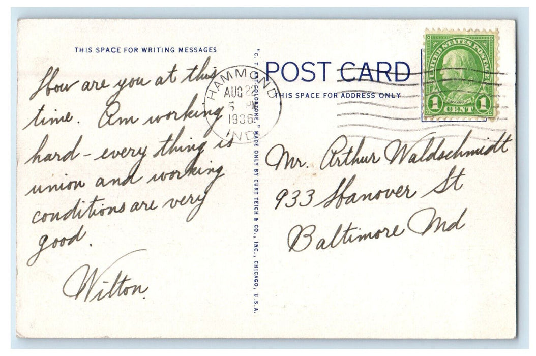 1936 Hammond High School, Hammond Indiana IN Vintage Posted Postcard