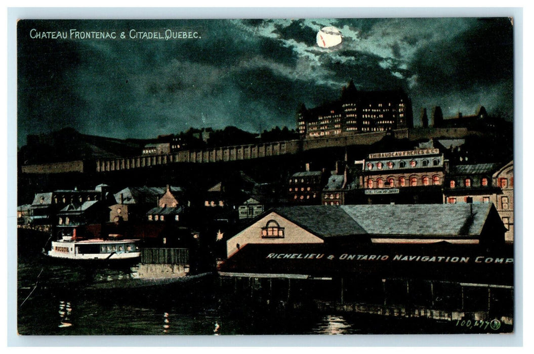 c1910s Citadel, Chateau Frontenac at Night, Quebec Canada CA Foreign Postcard
