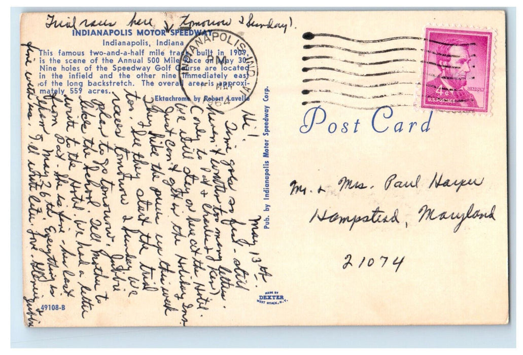 1964 Indianapolis Motor Speedway Indianapolis Indiana IN Posted Postcard