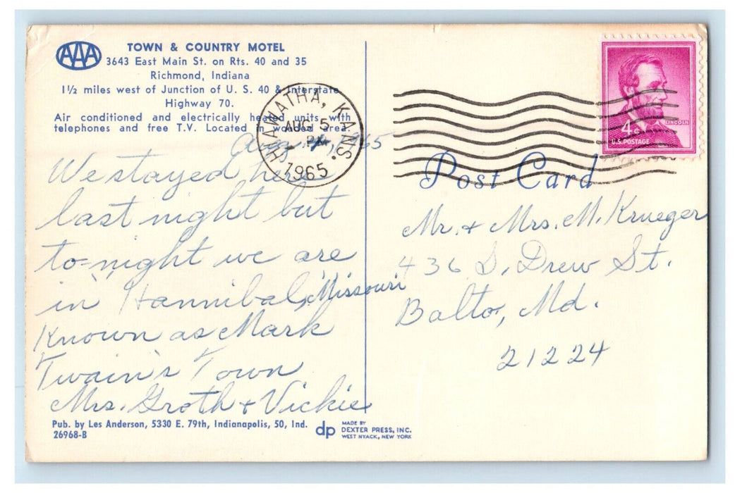 1965 Town & Country Motel Richmond Indiana IN Vintage Posted Postcard