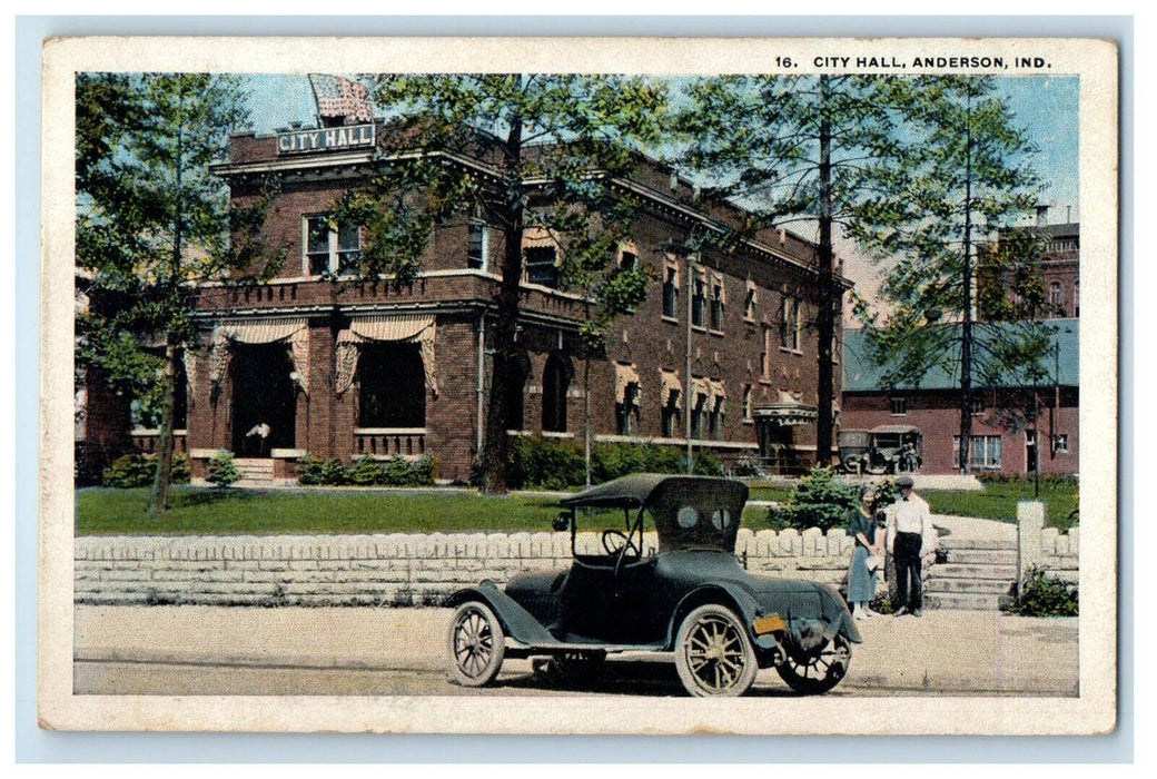 1924 City Hall Building Car Street View Anderson Indiana IN Vintage Postcard