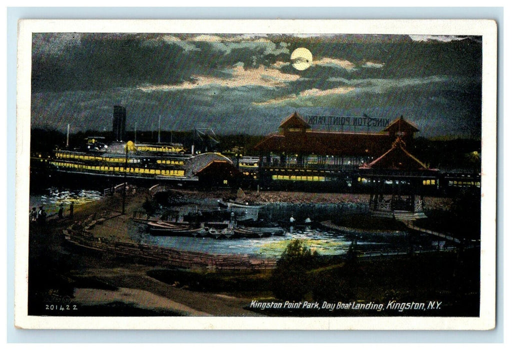 c1910's Kingston Point Park Day Boat Landing Moonlight New York NY Postcard