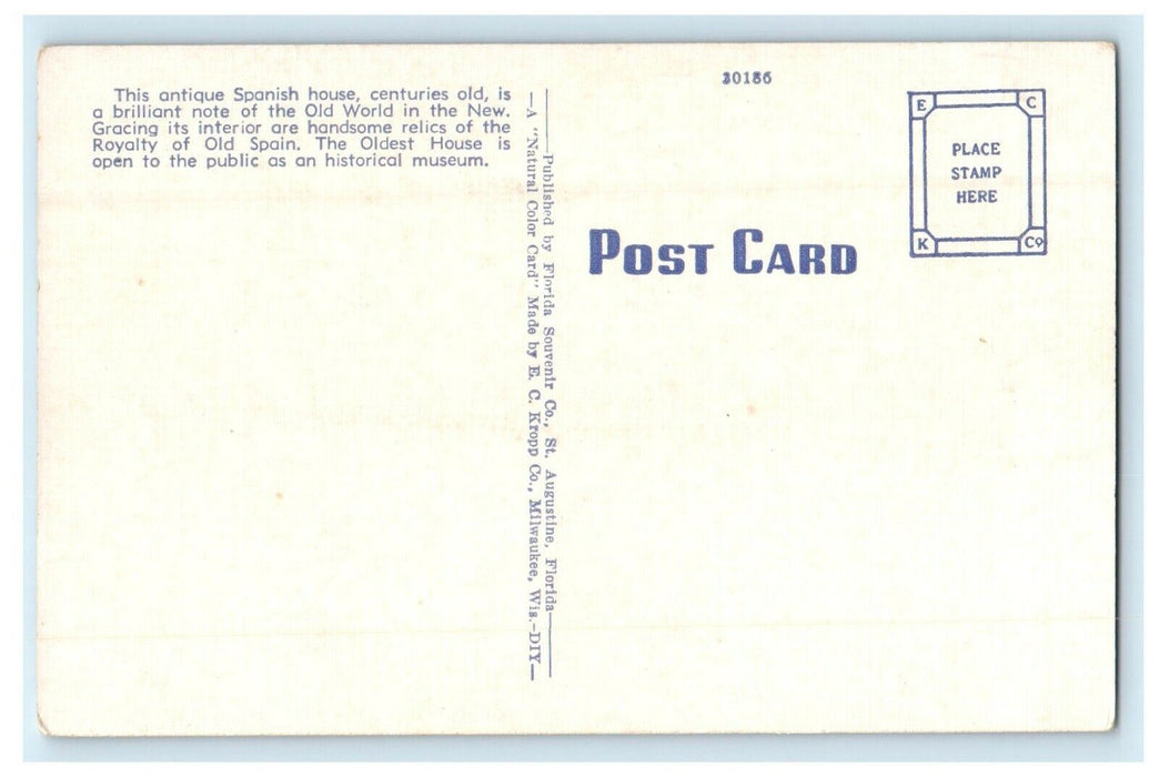 c1940's Oldest House In The United States St. Augustine Florida FL Postcard
