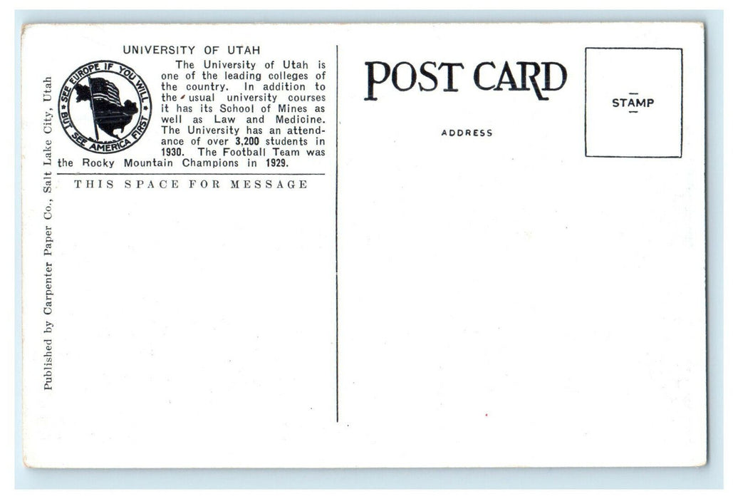 c1930s Airplane View, University of Utah Salt Lake City UT Unposted Postcard