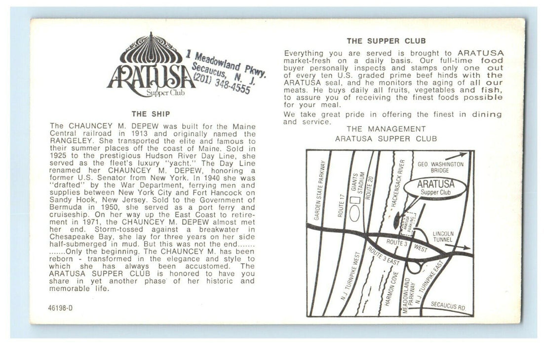 The Ship Aratus Supper Club Chauncey Depew Secaurus New Jersey NJ Postcard