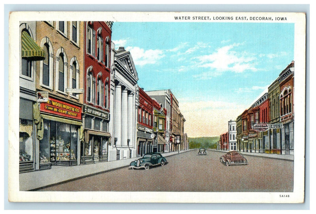 1938 Water Street Looking East Decorah Iowa IA Fairland IN Posted Postcard