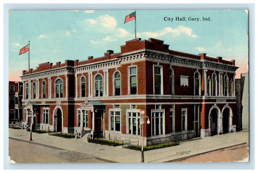 c1910s Two Flags, City Hall Building Gary Indiana IN Antique Posted Postcard