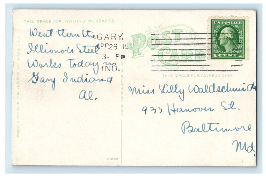 c1910s Two Flags, City Hall Building Gary Indiana IN Antique Posted Postcard