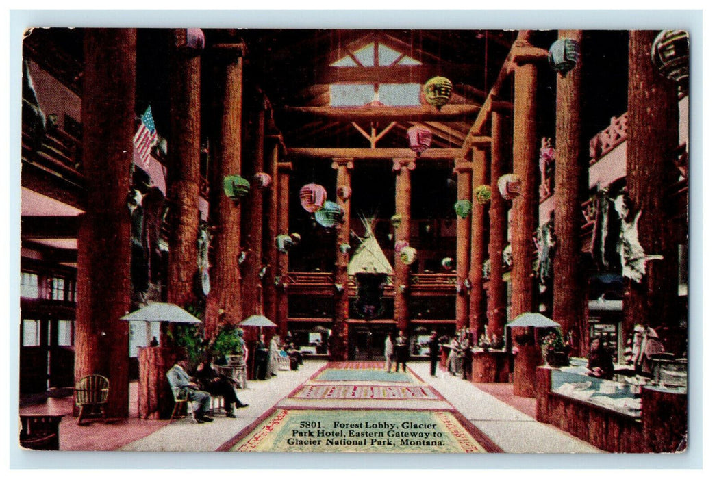 1917 Whitehall NY Forest Lobby, Glacier Park Hotel & National Park MO Postcard