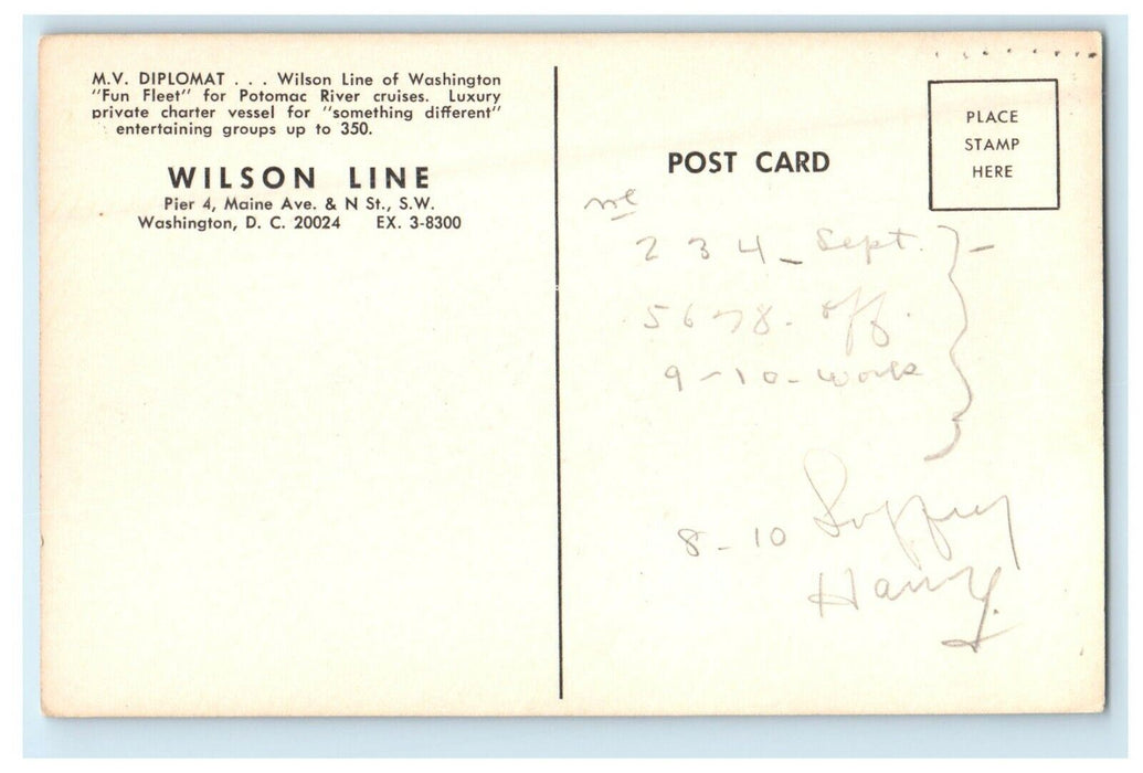 M. V. Diplomat Wilson Line Cruise Boat Potomac River Washington D.C Postcard