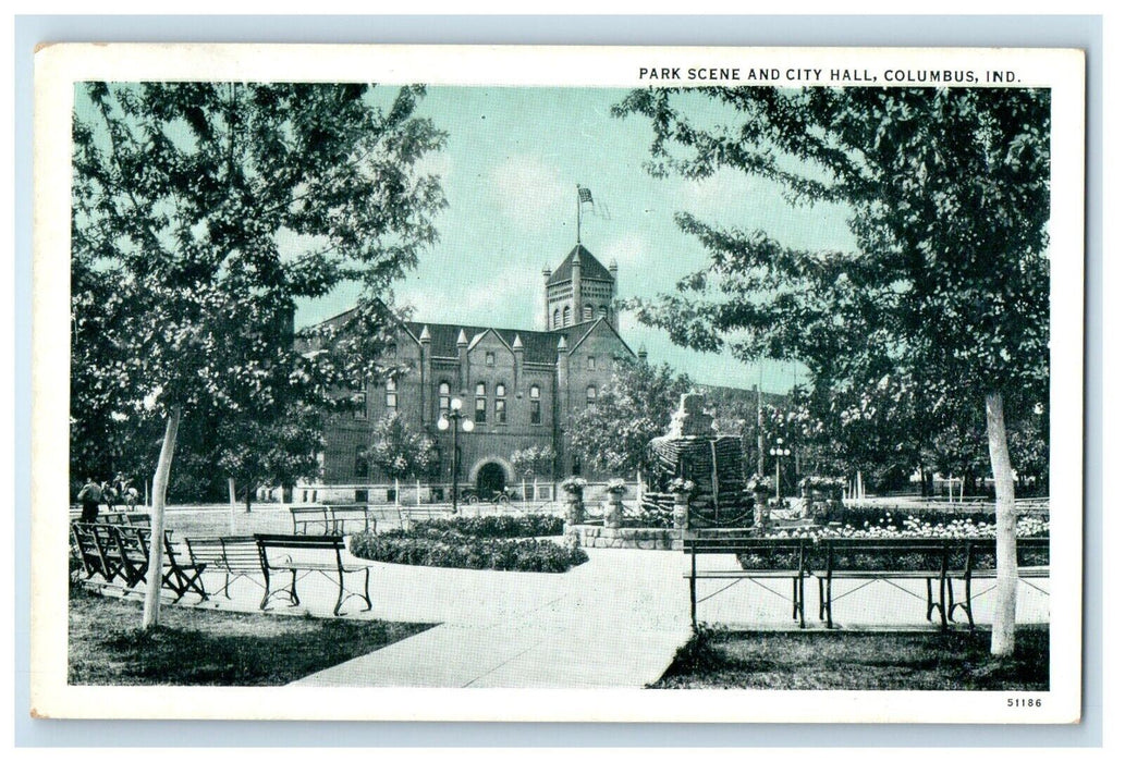 c1930's Park Scene And City Hall Columbus Indiana IN Posted Vintage Postcard