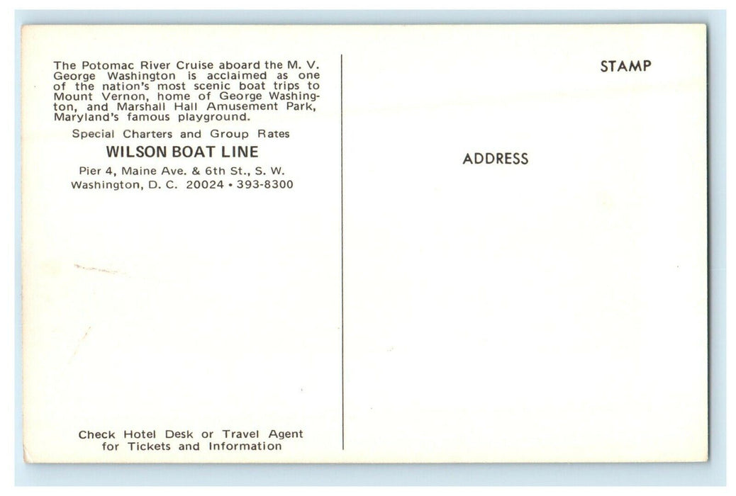 Wilson Boat Line Potomac River Cruise Mount Vernon Washington D.C Postcard