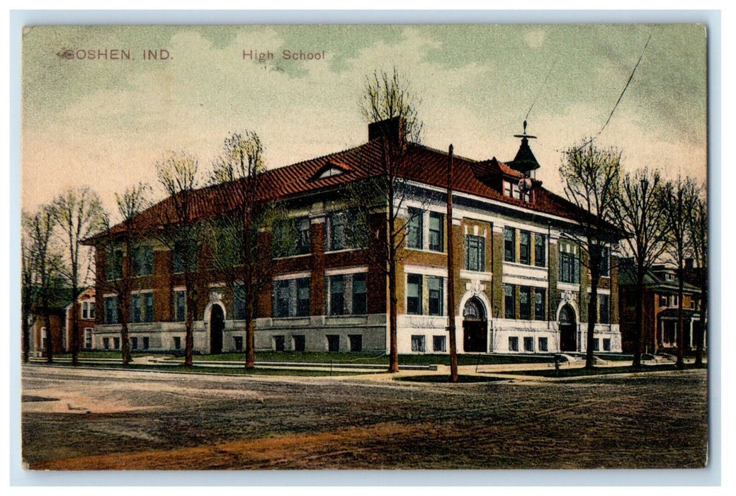 c1910's Goshen Indiana IN, High School Building Campus Posted Antique Postcard