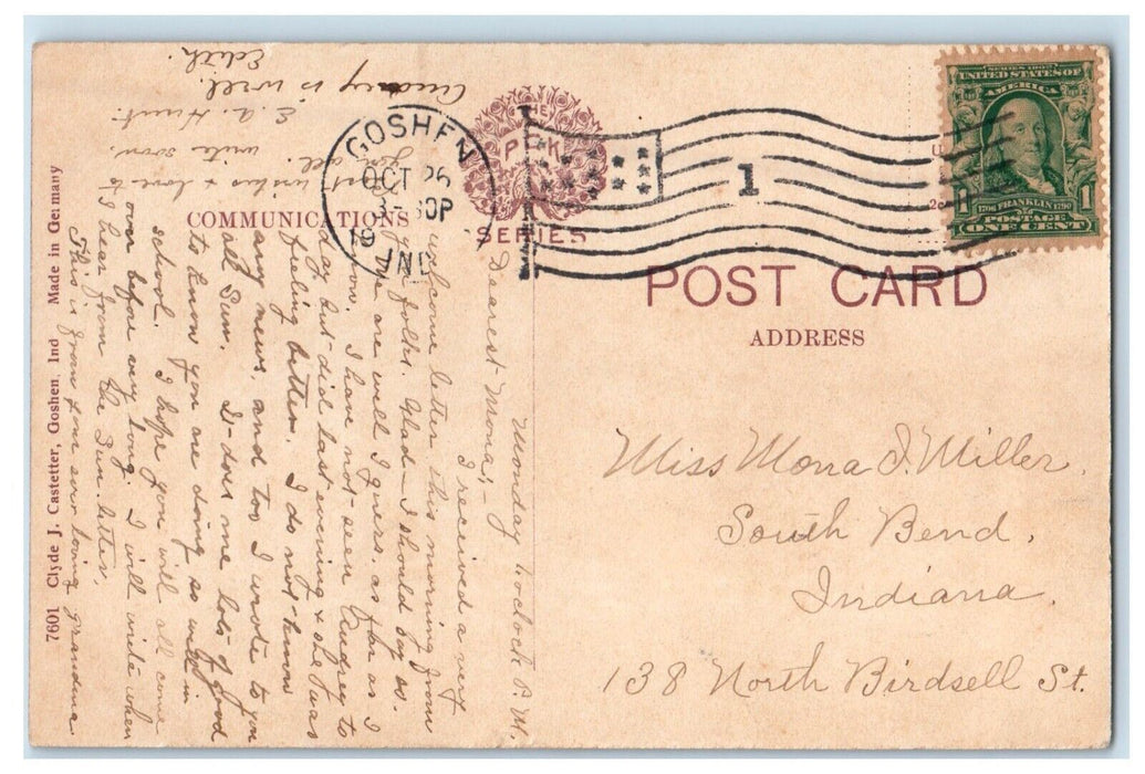 c1910's Goshen Indiana IN, High School Building Campus Posted Antique Postcard