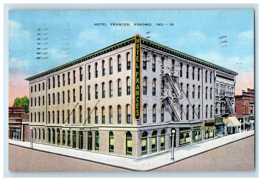 1937 Hotel Frances Building Street View Kokomo Indiana IN Vintage Postcard