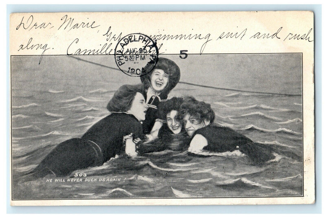 1903 Girls Dunking Man Atlantic City Absecon Light New Jersey Antique Postcard
