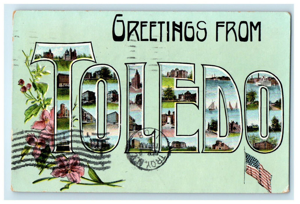 1908 Flag Printed Greetings from Toledo, Ohio OH Antique Posted Postcard