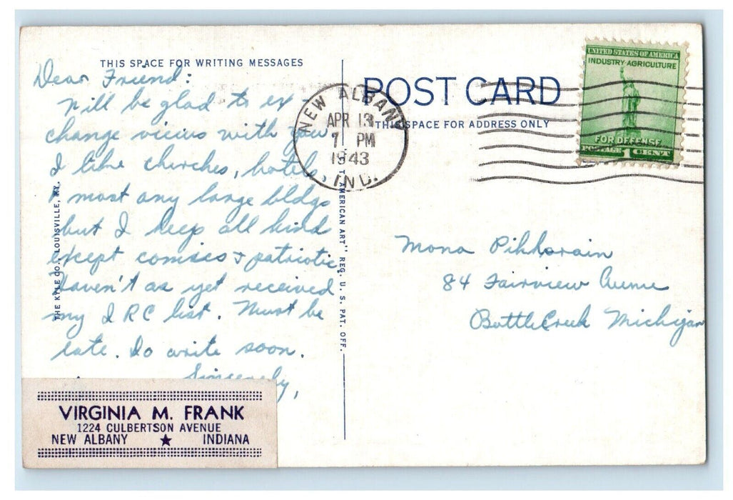 1943 German Catholic institutions New Albany Indiana IN Posted Vintage Postcard