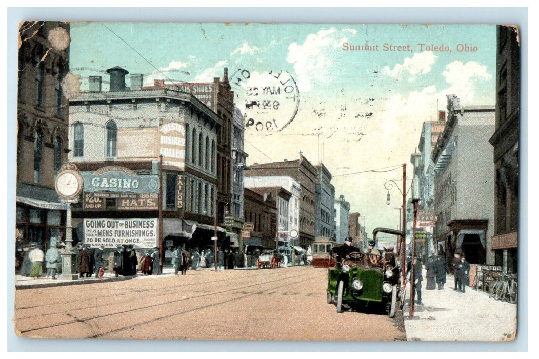 1909 Car Scene, Summit Street, Toledo Ohio OH Antique Posted Postcard