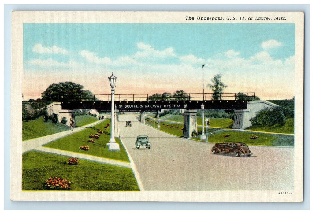 c1940's The Underpass U.S 11 At Laurel MS, Southern Railway System Postcard