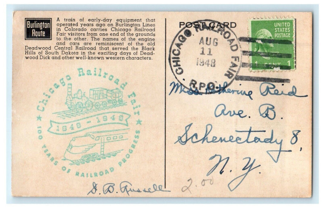1948 Narrow Gauge Deadwood Central Train At Chicago Railroad Fair RPO Postcard
