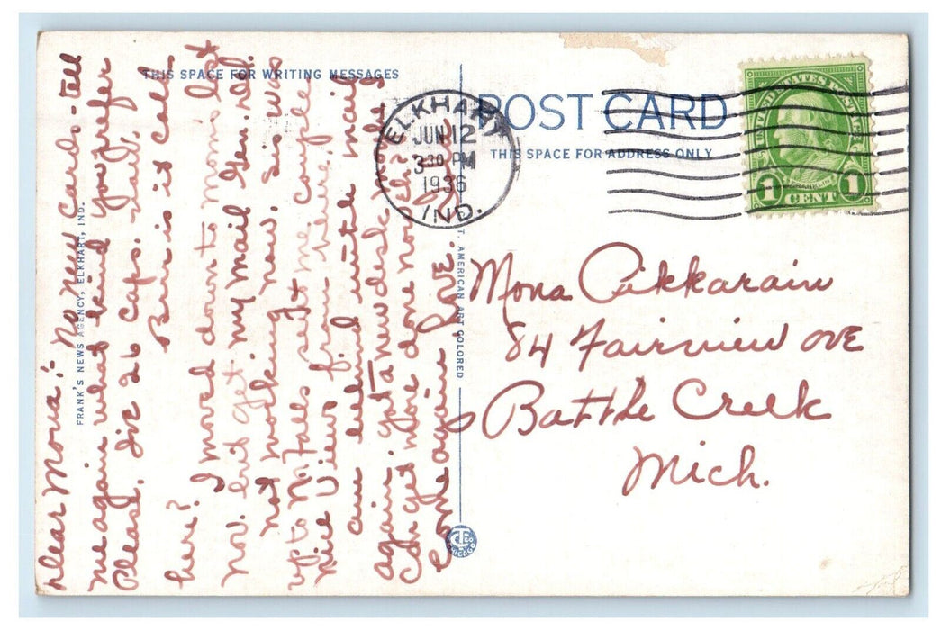 1936 Looking West From Main Street Bridge Elkhart Indiana IN Vintage Postcard